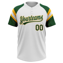 Загрузить изображение в средство просмотра галереи, Custom White Green-Gold Raglan Sleeves Stripes Two-Button Unisex Softball Jersey
