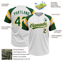 Загрузить изображение в средство просмотра галереи, Custom White Green-Gold Raglan Sleeves Stripes Two-Button Unisex Softball Jersey
