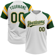 Загрузить изображение в средство просмотра галереи, Custom White Green-Gold Raglan Sleeves Stripes Two-Button Unisex Softball Jersey
