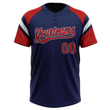 Charger l'image dans la galerie, Custom Navy Red-White Raglan Sleeves Stripes Two-Button Unisex Softball Jersey
