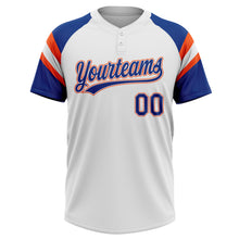 Load image into Gallery viewer, Custom White Royal-Orange Raglan Sleeves Stripes Two-Button Unisex Softball Jersey
