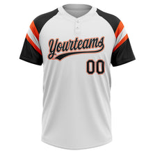 Load image into Gallery viewer, Custom White Black-Orange Raglan Sleeves Stripes Two-Button Unisex Softball Jersey
