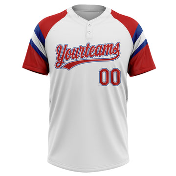 Custom White Red-Royal Raglan Sleeves Stripes Two-Button Unisex Softball Jersey