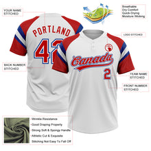 Charger l'image dans la galerie, Custom White Red-Royal Raglan Sleeves Stripes Two-Button Unisex Softball Jersey
