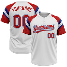 Charger l'image dans la galerie, Custom White Red-Royal Raglan Sleeves Stripes Two-Button Unisex Softball Jersey

