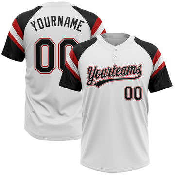 Custom White Black-Red Raglan Sleeves Stripes Two-Button Unisex Softball Jersey