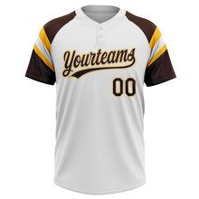 Load image into Gallery viewer, Custom White Brown-Gold Raglan Sleeves Stripes Two-Button Unisex Softball Jersey
