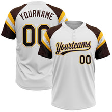 Load image into Gallery viewer, Custom White Brown-Gold Raglan Sleeves Stripes Two-Button Unisex Softball Jersey
