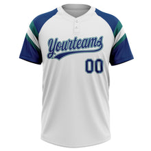 Загрузить изображение в средство просмотра галереи, Custom White US Navy Blue-Teal Raglan Sleeves Stripes Two-Button Unisex Softball Jersey
