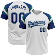 Загрузить изображение в средство просмотра галереи, Custom White US Navy Blue-Teal Raglan Sleeves Stripes Two-Button Unisex Softball Jersey
