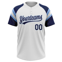 Laden Sie das Bild in den Galerie-Viewer, Custom White Navy-Light Blue Raglan Sleeves Stripes Two-Button Unisex Softball Jersey
