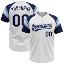 Laden Sie das Bild in den Galerie-Viewer, Custom White Navy-Light Blue Raglan Sleeves Stripes Two-Button Unisex Softball Jersey
