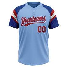 Charger l'image dans la galerie, Custom Light Blue Red Royal-White Raglan Sleeves Stripes Two-Button Unisex Softball Jersey

