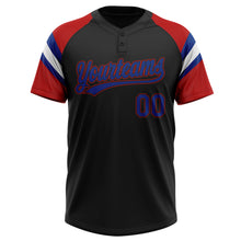 Laden Sie das Bild in den Galerie-Viewer, Custom Black Royal Red-White Raglan Sleeves Stripes Two-Button Unisex Softball Jersey
