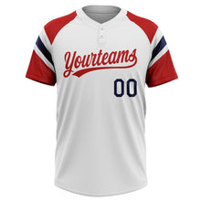 Charger l'image dans la galerie, Custom White Red-Navy Raglan Sleeves Stripes Two-Button Unisex Softball Jersey
