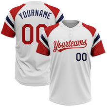 Charger l'image dans la galerie, Custom White Red-Navy Raglan Sleeves Stripes Two-Button Unisex Softball Jersey

