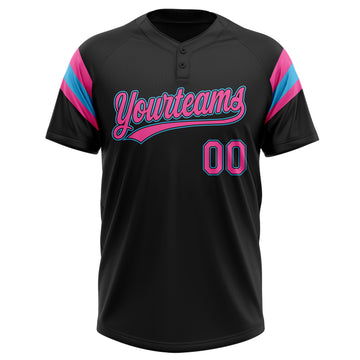 Custom Black Pink-Sky Blue Raglan Sleeves Stripes Two-Button Unisex Softball Jersey