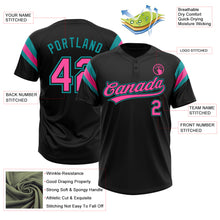 Загрузить изображение в средство просмотра галереи, Custom Black Pink-Teal Raglan Sleeves Stripes Two-Button Unisex Softball Jersey
