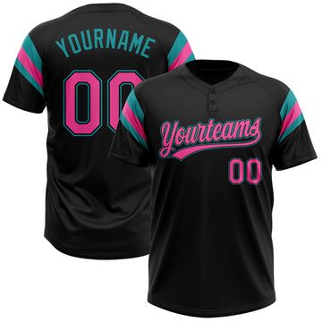 Custom Black Pink-Teal Raglan Sleeves Stripes Two-Button Unisex Softball Jersey