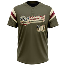 Laden Sie das Bild in den Galerie-Viewer, Custom Olive Vintage USA Flag Cream-Crimson Raglan Sleeves Stripes Two-Button Unisex Softball Jersey
