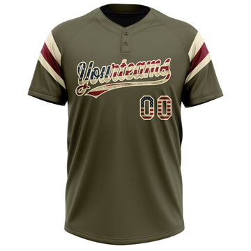 Custom Olive Vintage USA Flag Cream-Crimson Raglan Sleeves Stripes Two-Button Unisex Softball Jersey