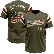 Laden Sie das Bild in den Galerie-Viewer, Custom Olive Vintage USA Flag Cream-Crimson Raglan Sleeves Stripes Two-Button Unisex Softball Jersey
