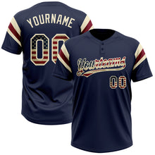 Laden Sie das Bild in den Galerie-Viewer, Custom Navy Vintage USA Flag Cream-Crimson Raglan Sleeves Stripes Two-Button Unisex Softball Jersey
