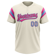 Загрузить изображение в средство просмотра галереи, Custom Cream Light Blue Black-Pink Raglan Sleeves Stripes Two-Button Unisex Softball Jersey
