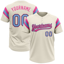 Загрузить изображение в средство просмотра галереи, Custom Cream Light Blue Black-Pink Raglan Sleeves Stripes Two-Button Unisex Softball Jersey
