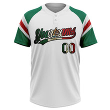 Laden Sie das Bild in den Galerie-Viewer, Custom White Vintage Mexican Flag Kelly Green Black-Red Raglan Sleeves Stripes Two-Button Unisex Softball Jersey
