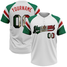 Laden Sie das Bild in den Galerie-Viewer, Custom White Vintage Mexican Flag Kelly Green Black-Red Raglan Sleeves Stripes Two-Button Unisex Softball Jersey
