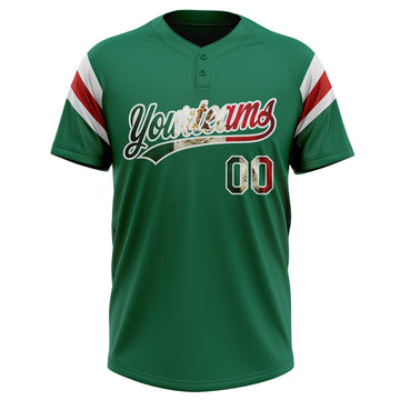 Custom Kelly Green Vintage Mexican Flag White-Red Raglan Sleeves Stripes Two-Button Unisex Softball Jersey