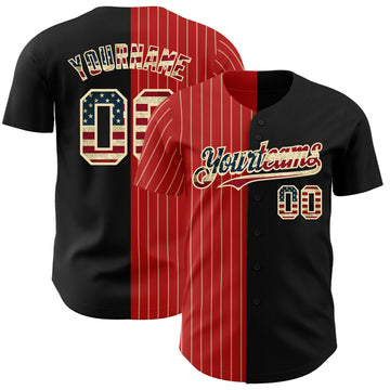 Custom Black Vintage USA Flag Red-Cream Pinstripe Authentic Split Fashion Baseball Jersey