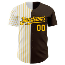 Laden Sie das Bild in den Galerie-Viewer, Custom Brown White-Gold Pinstripe Authentic Split Fashion Baseball Jersey
