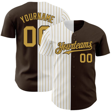 Custom Brown White-Old Gold Pinstripe Authentic Split Fashion Baseball Jersey