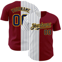 Laden Sie das Bild in den Galerie-Viewer, Custom Crimson Gold-Navy Pinstripe Authentic Split Fashion Baseball Jersey
