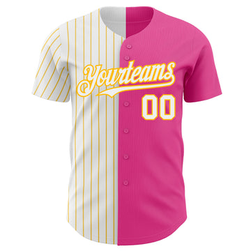 Custom Pink White-Gold Pinstripe Authentic Split Fashion Baseball Jersey
