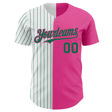 Custom Pink White-Kelly Green Pinstripe Authentic Split Fashion Baseball Jersey