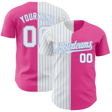 Custom Pink White-Light Blue Pinstripe Authentic Split Fashion Baseball Jersey