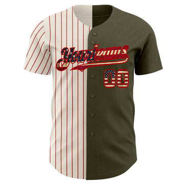 Custom Olive Vintage USA Flag Cream-Red Pinstripe Authentic Split Fashion Salute To Service Baseball Jersey