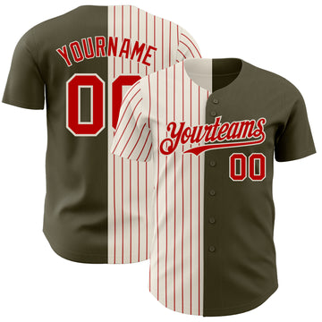 Custom Olive Cream-Red Pinstripe Authentic Split Fashion Salute To Service Baseball Jersey