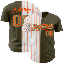 Load image into Gallery viewer, Custom Olive Camo-Orange Pinstripe Authentic Split Fashion Salute To Service Baseball Jersey
