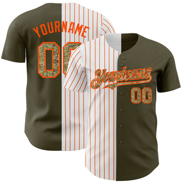 Custom Olive Camo-Orange Pinstripe Authentic Split Fashion Salute To Service Baseball Jersey