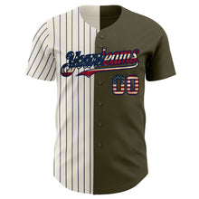 Load image into Gallery viewer, Custom Olive Vintage USA Flag Cream-Navy Pinstripe Authentic Split Fashion Salute To Service Baseball Jersey

