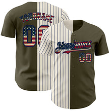 Laden Sie das Bild in den Galerie-Viewer, Custom Olive Vintage USA Flag Cream-Navy Pinstripe Authentic Split Fashion Salute To Service Baseball Jersey
