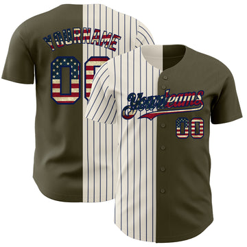 Custom Olive Vintage USA Flag Cream-Navy Pinstripe Authentic Split Fashion Salute To Service Baseball Jersey
