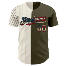 Load image into Gallery viewer, Custom Olive Vintage USA Flag Cream-Black Pinstripe Authentic Split Fashion Salute To Service Baseball Jersey
