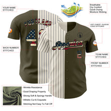 Laden Sie das Bild in den Galerie-Viewer, Custom Olive Vintage USA Flag Cream-Black Pinstripe Authentic Split Fashion Salute To Service Baseball Jersey
