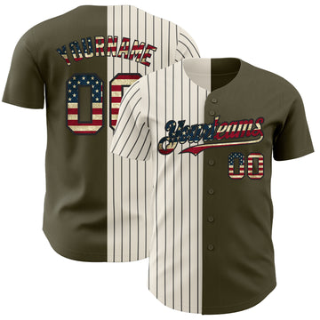 Custom Olive Vintage USA Flag Cream-Black Pinstripe Authentic Split Fashion Salute To Service Baseball Jersey