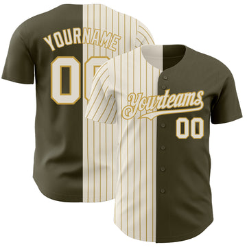 Custom Olive Cream-Old Gold Pinstripe Authentic Split Fashion Salute To Service Baseball Jersey